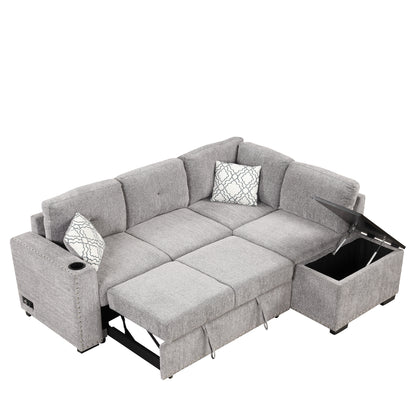 83.8" Sectional Pull-Out Sofa Bed L-Shaped Corner Sofa Couch with Storage Chaise, USB Ports, Power Sockets, Cup Holder for Living Room, Bedroom, Study, Light Gray