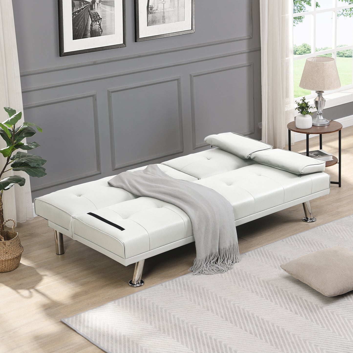 Sofa Bed with Armrest two holders WOOD FRAME, STAINLESS LEG, FUTON WHITE PVC