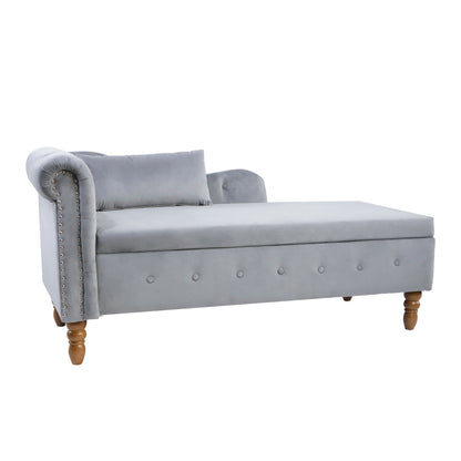 Grey Chaise Lounge Indoor,Velvet Lounge Chair for Bedroom with Storage & Pillow,Modern Upholstered Rolled Arm Chase Lounge for Sleeping with Nailhead Trim for Living Room Bedroom Office