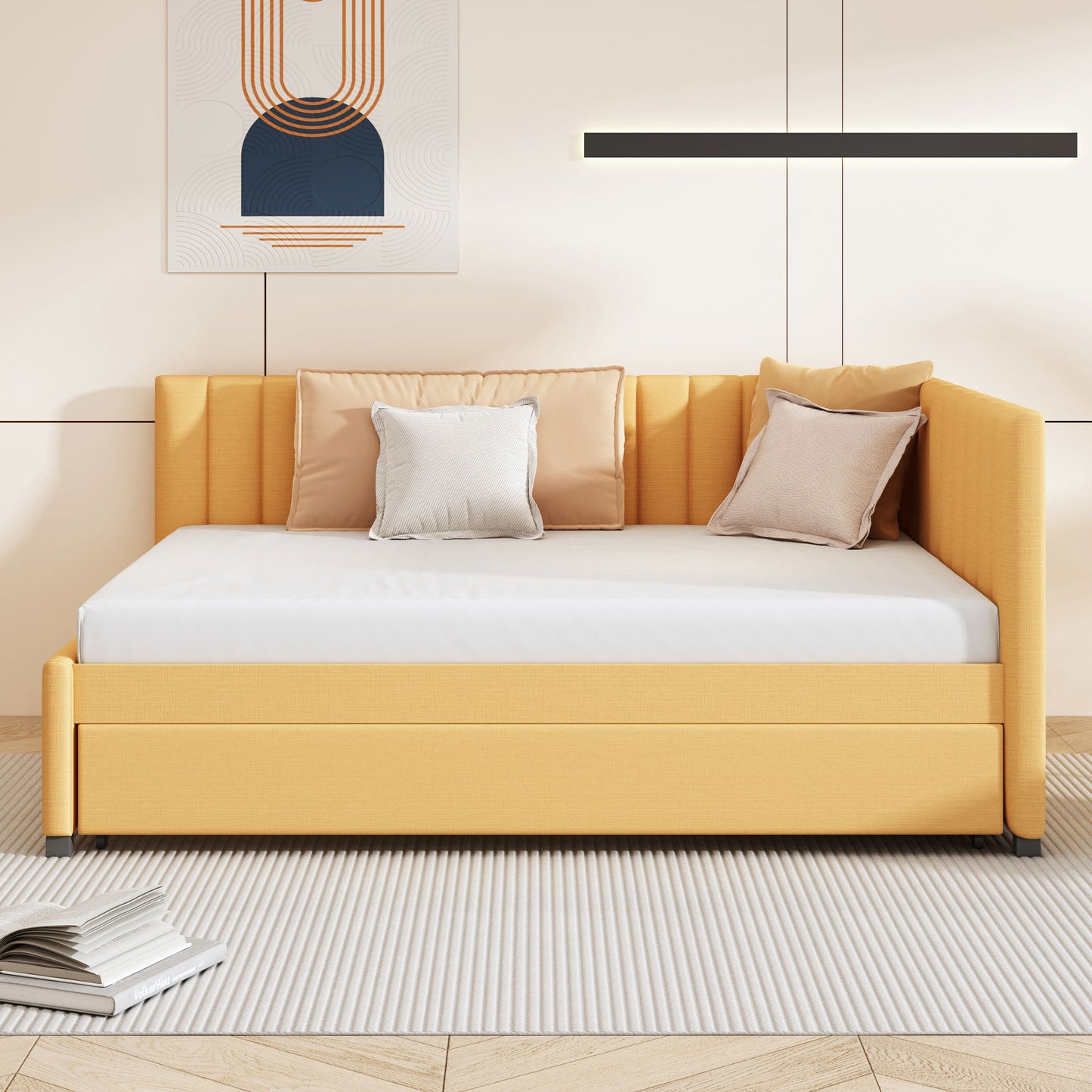 Full Size Upholstered Daybed with Trundle Sofa Bed Frame No Box Spring Needed, Linen Fabric(Yellow)