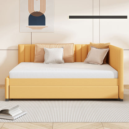 Full Size Upholstered Daybed with Trundle Sofa Bed Frame No Box Spring Needed, Linen Fabric(Yellow)