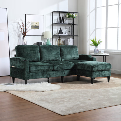 Sofa for three, solid wood frame, Chenille fabric, side pocket, with two cup holders, footstool with storagestorage sofa /Living room sofa cozy sectional sofa