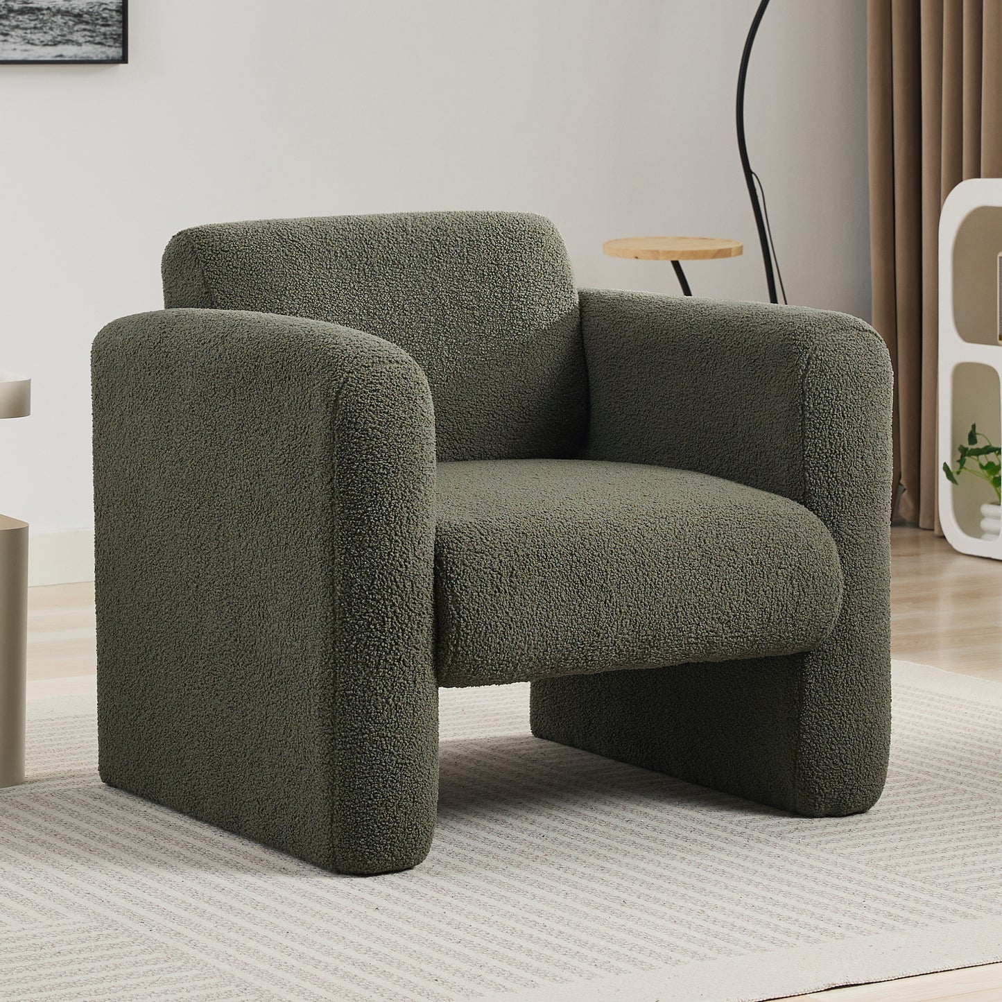 Modern Accent Chair Lambskin Sherpa Fabric Upholstered Comfy Reading Arm Chair Soft Padded Armchair with Back and Pillow for Living Room Bedroom Reception Waiting Room Office,Seaweed Green