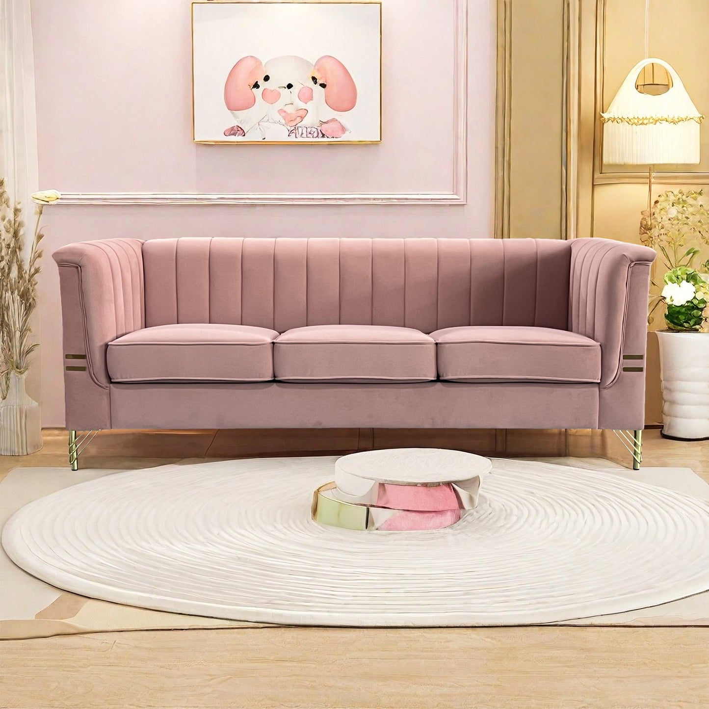 Modern Designs Velvet Upholstered Living Room Sofa, 3 Seat Sofa Couch with Golden Metal Legs for Home, Apartment or Office Pink SOFA