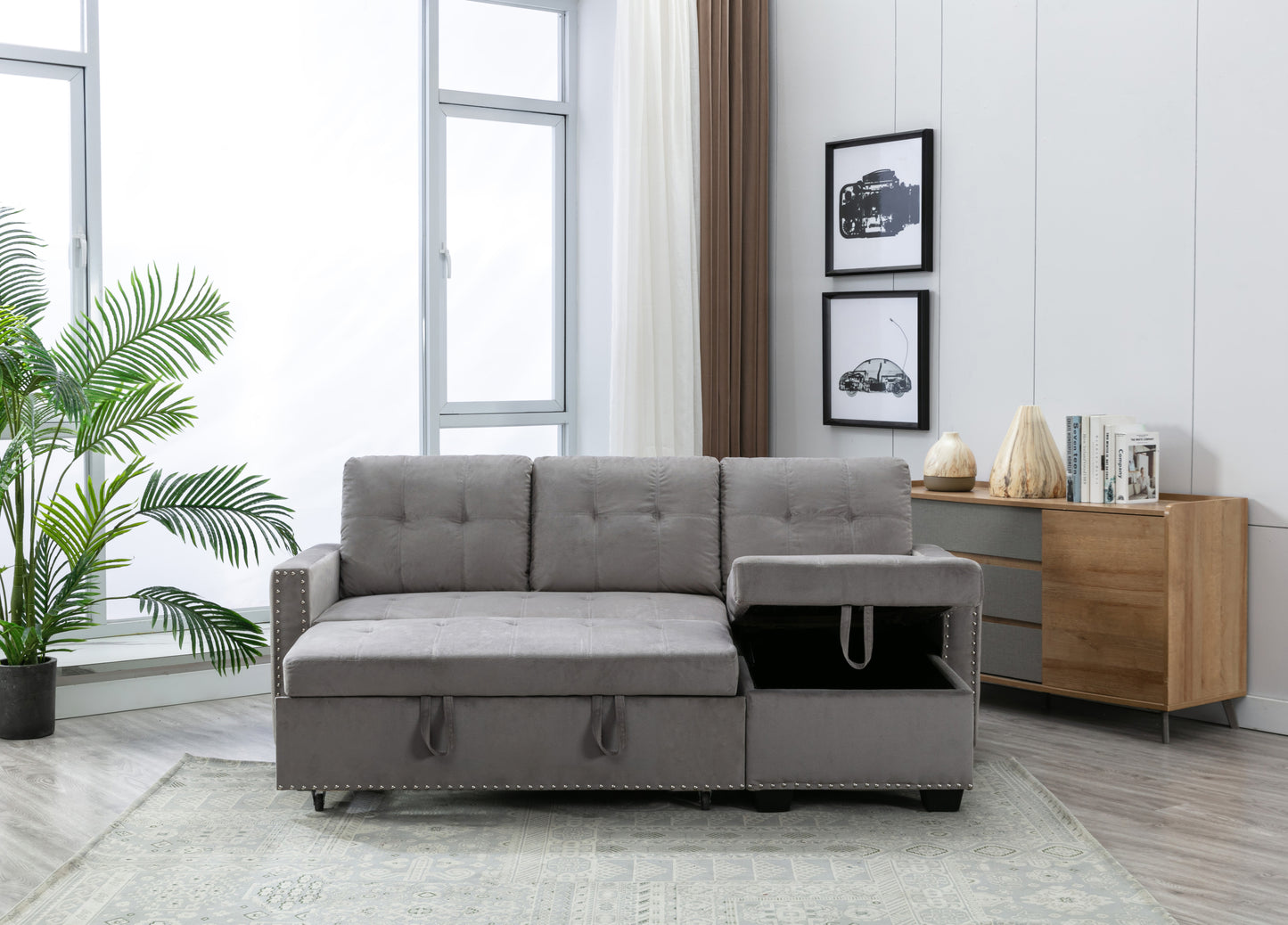 77 Inch Reversible Sectional Storage Sleeper Sofa Bed, L-Shape 2 Seat Sectional Chaise With Storage, Skin-Feeling Velvet Fabric,Light Grey Color For Living Room Furniture