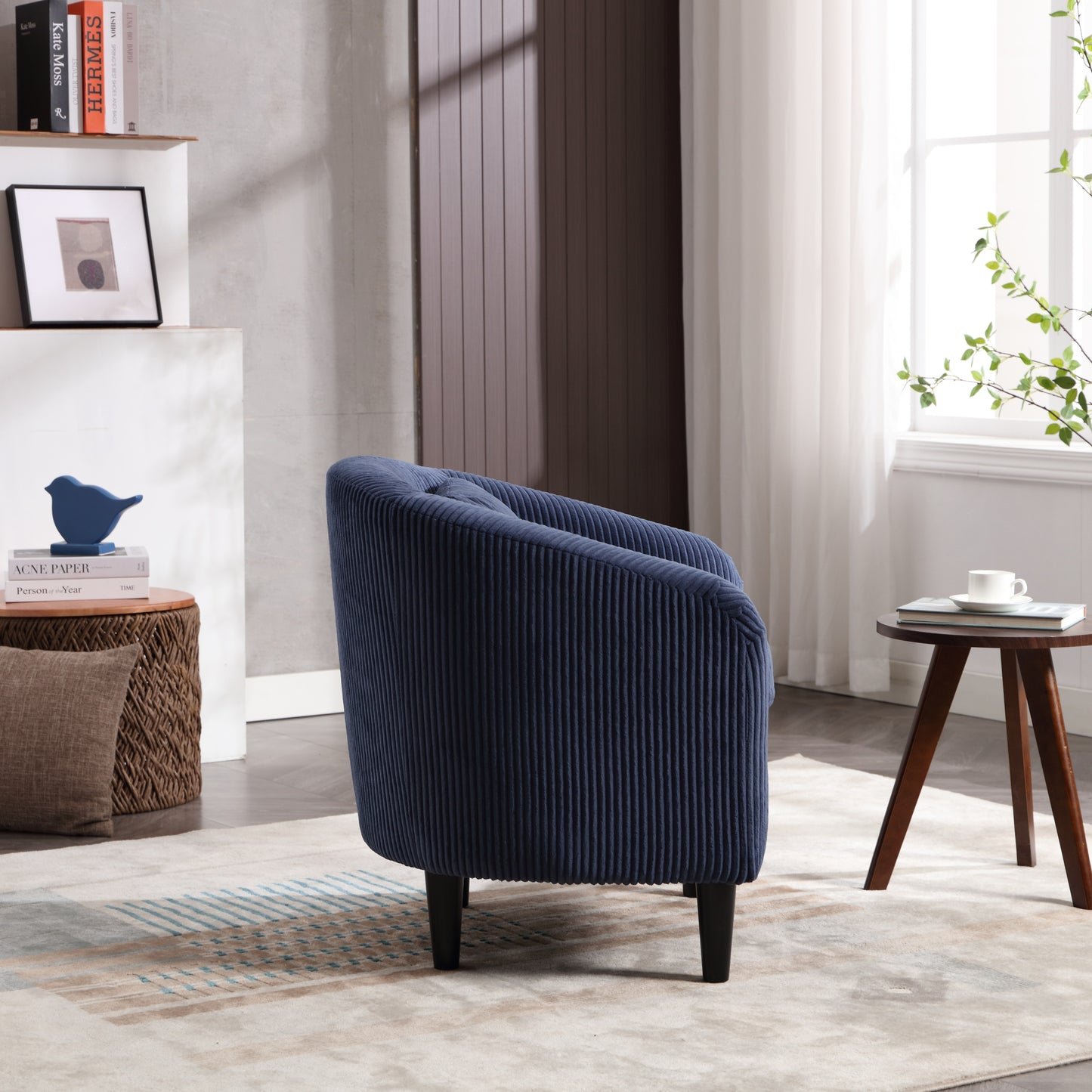 Living Room Accent Barrel Chair, Century Modern Style Decorative Chair, Armchair for Living Room with Thick Cushions and Pillows, Comfy Single Sofa Chair, Chair with Wooden Legs,Blue