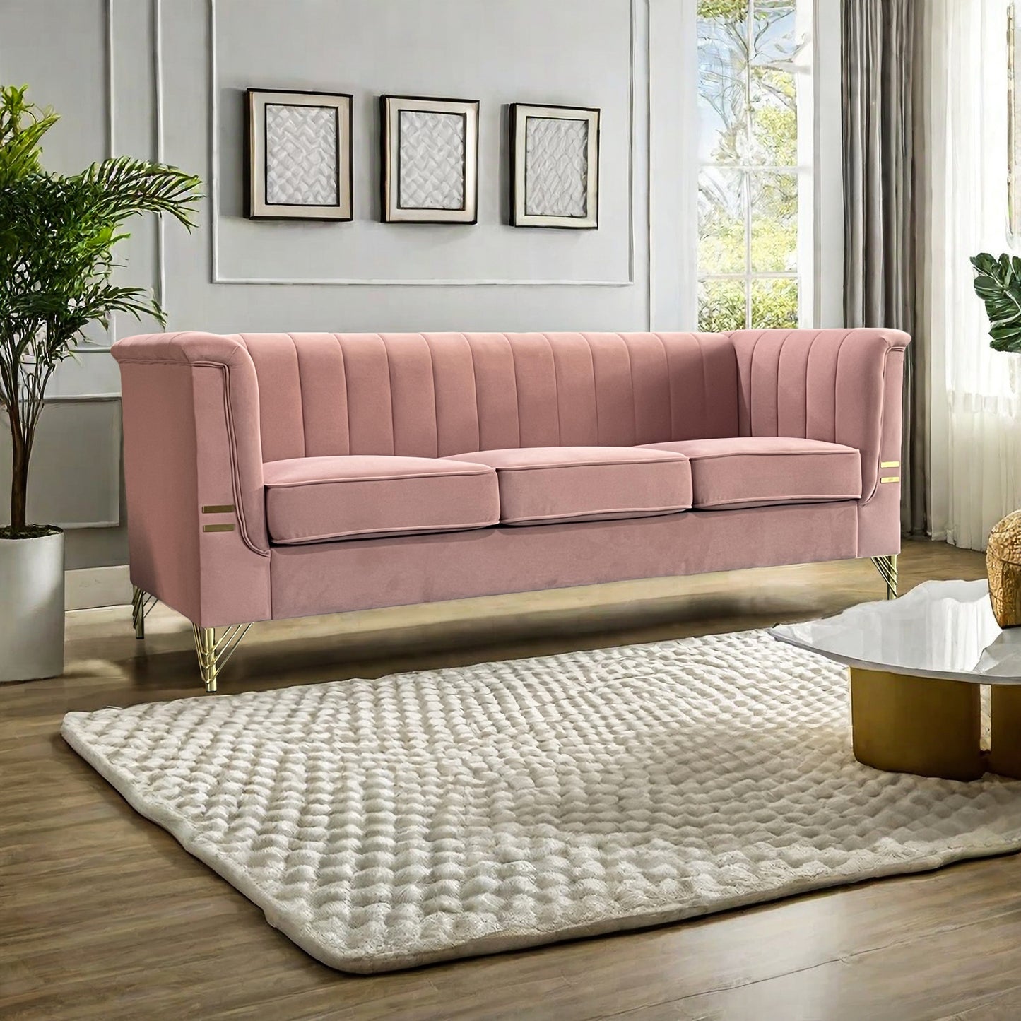 Modern Designs Velvet Upholstered Living Room Sofa, 3 Seat Sofa Couch with Golden Metal Legs for Home, Apartment or Office Pink SOFA