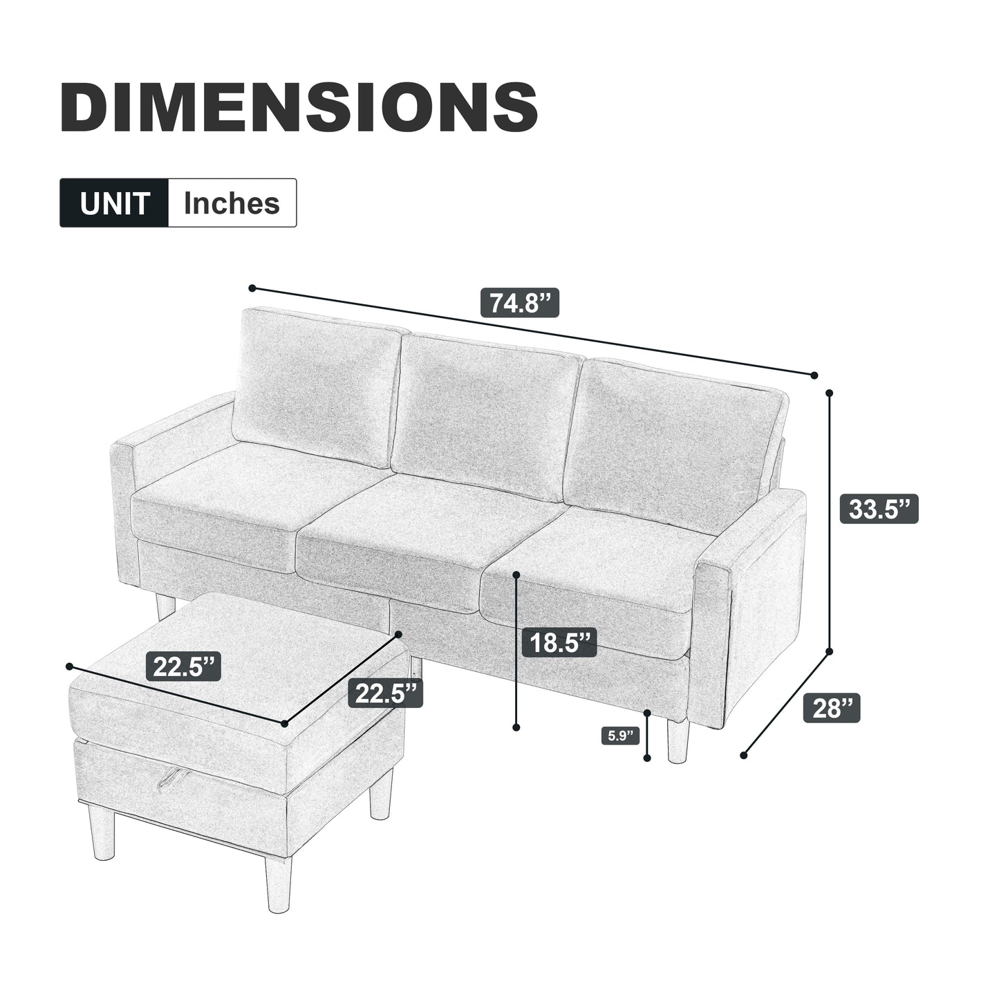 Upholstered Sectional Sofa Couch, L Shaped Couch With Storage Reversible Ottoman Bench 3 Seater for Living Room, Apartment, Compact Spaces, Fabric Dark Gray