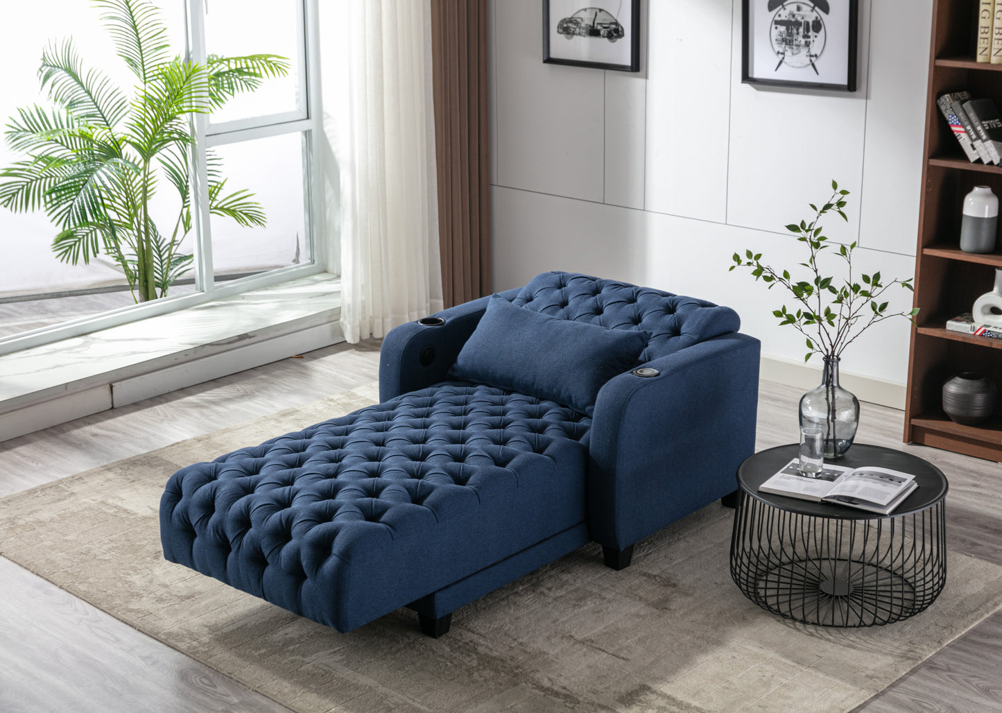 Multifunctional Living Room Leisure Chaise Lounge Barry Tufted Comfy Armchair Wireless Charging, Smooth Reclining Backrest & Lumbar Pillow for Home Apartment (Navy linen)