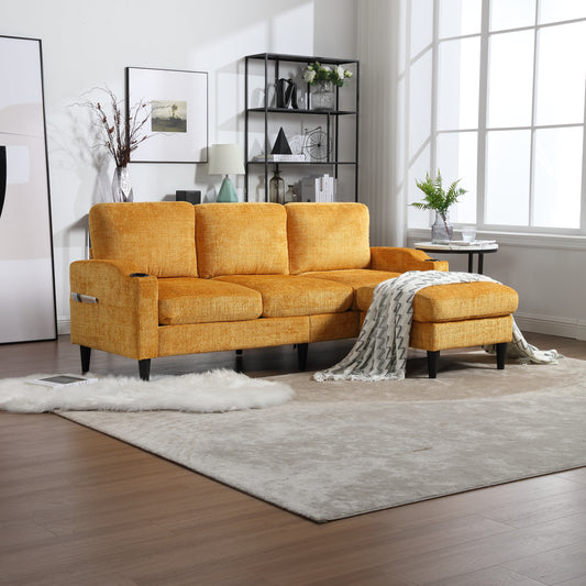 Sofa for three, solid wood frame, Chenille fabric, side pocket, with two cup holders, footstool with storagestorage sofa /Living room sofa cozy sectional sofa