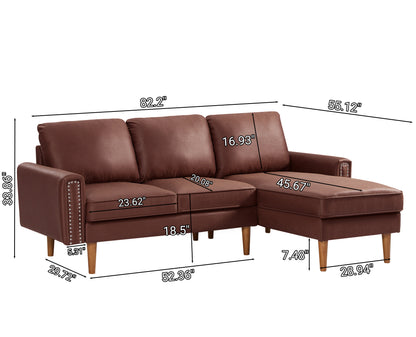 82.2"L-Shape Sofa Couch with Chais Mid-Century Copper Nail on Arms,strong wooden leg and suede fabric design that will complement any living space.Right Chaise,Dark Brown