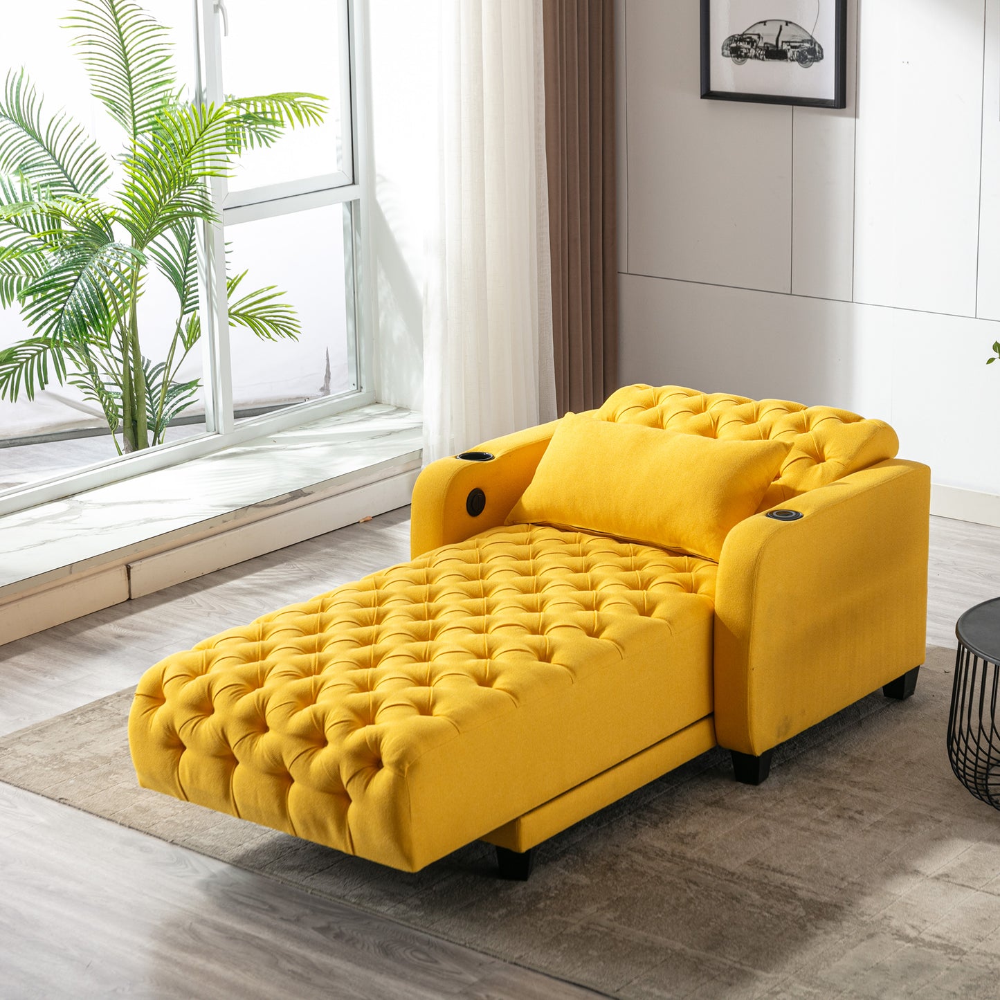 Multifunctional Living Room Leisure Chaise Lounge Barry Tufted Comfy Armchair Wireless Charging, Smooth Reclining Backrest & Lumbar Pillow for Home Apartment (Yellow linen)