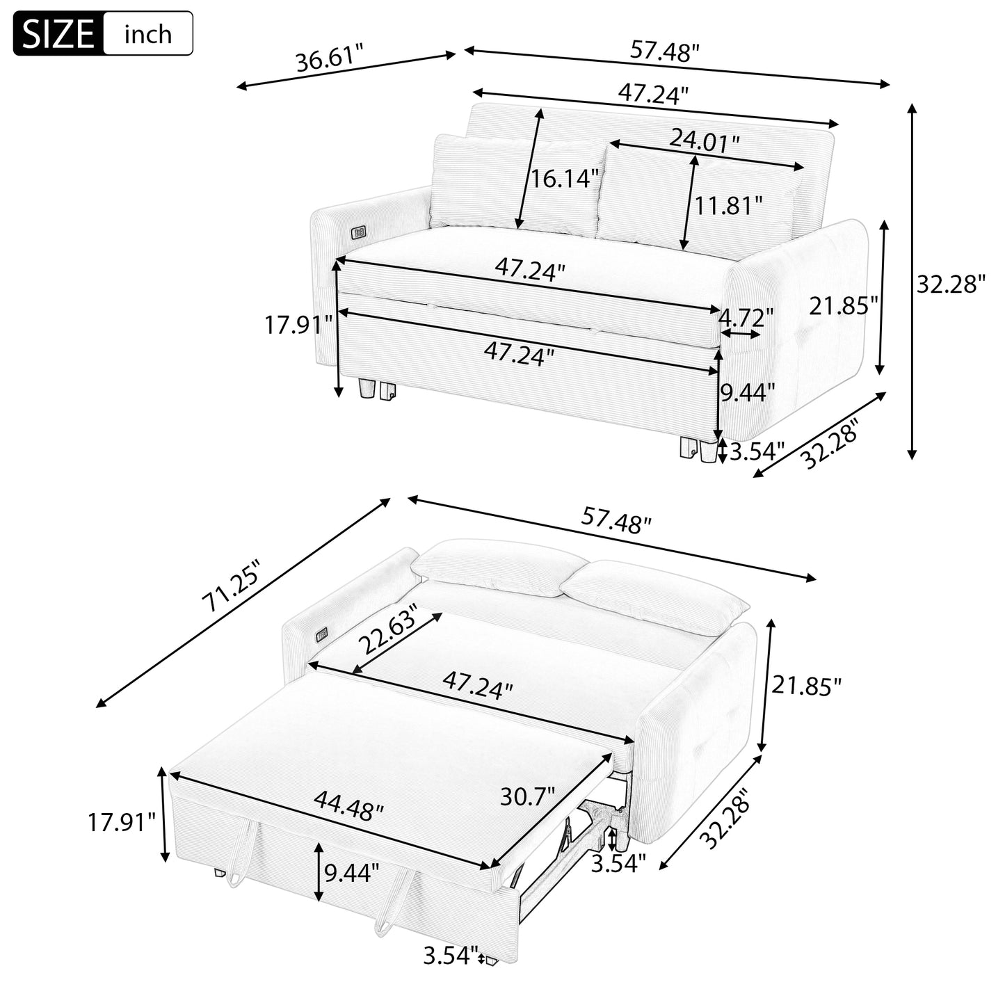 57.48" Pull-out Sofa Bed Convertible Couch 2 Seat Loveseat Sofa Modern Sleeper Sofa with Two Throw Pillows and USB Ports for Living Room, Light Blue