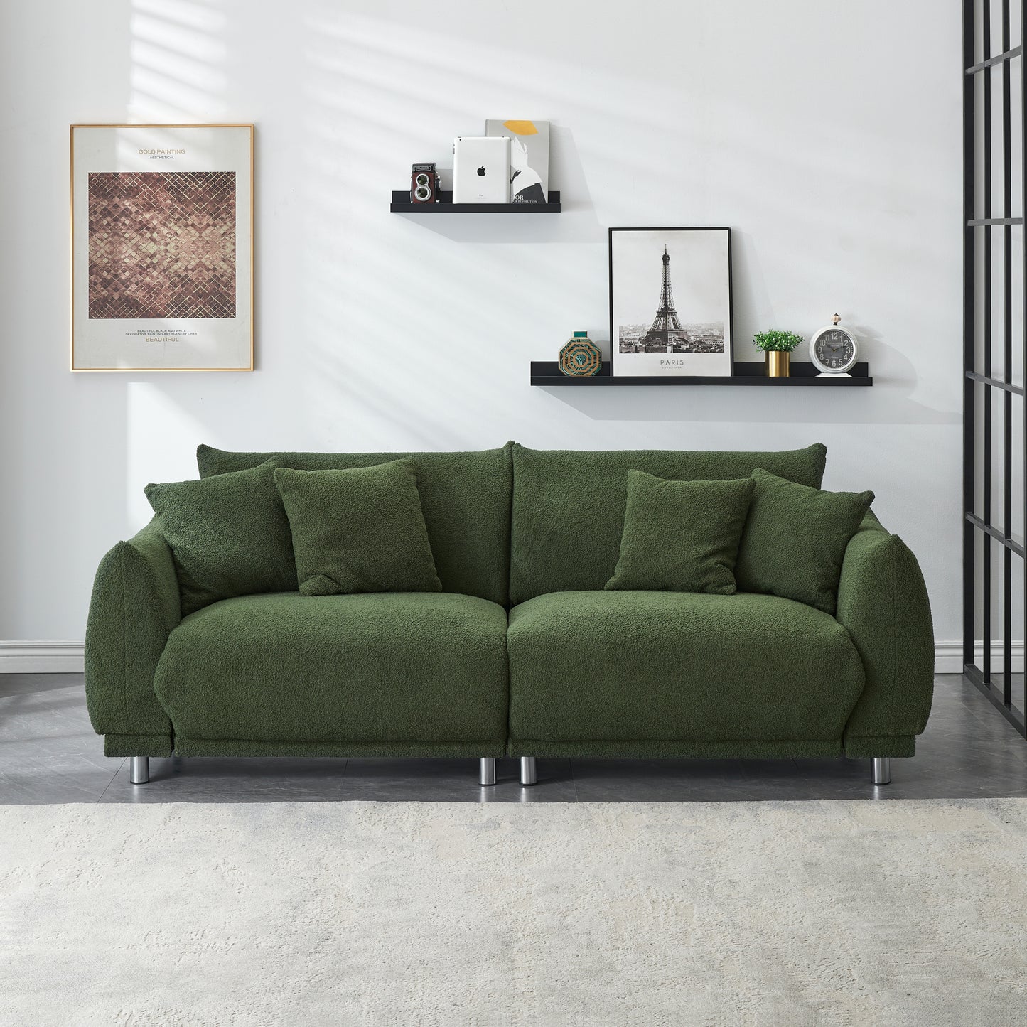 86.6 inch teddy wool black sofa with four throw pillows and hardware feet makes it comfortable to sit in an apartment bedroom without taking up space