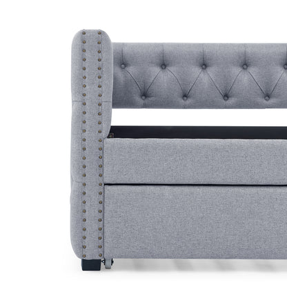 Daybed with Trundle Upholstered Tufted Sofa Bed, with Button and Copper Nail on Square Arms,both Twin Size,Grey(85"x42.5"x31.5")(Old SKU W487S00045)