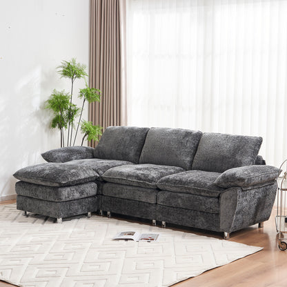 Modern Deep 3-Seat Sofa Couch with Ottoman, Polyester Sofa Sleeper Comfy Upholstered Furniture for Living Room, Apartment, Studio, Office,Dark Grey