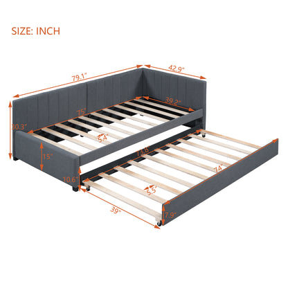 Upholstered Daybed with Trundle Twin Size Sofa Bed Frame No Box Spring Needed, Linen Fabric(Gray)