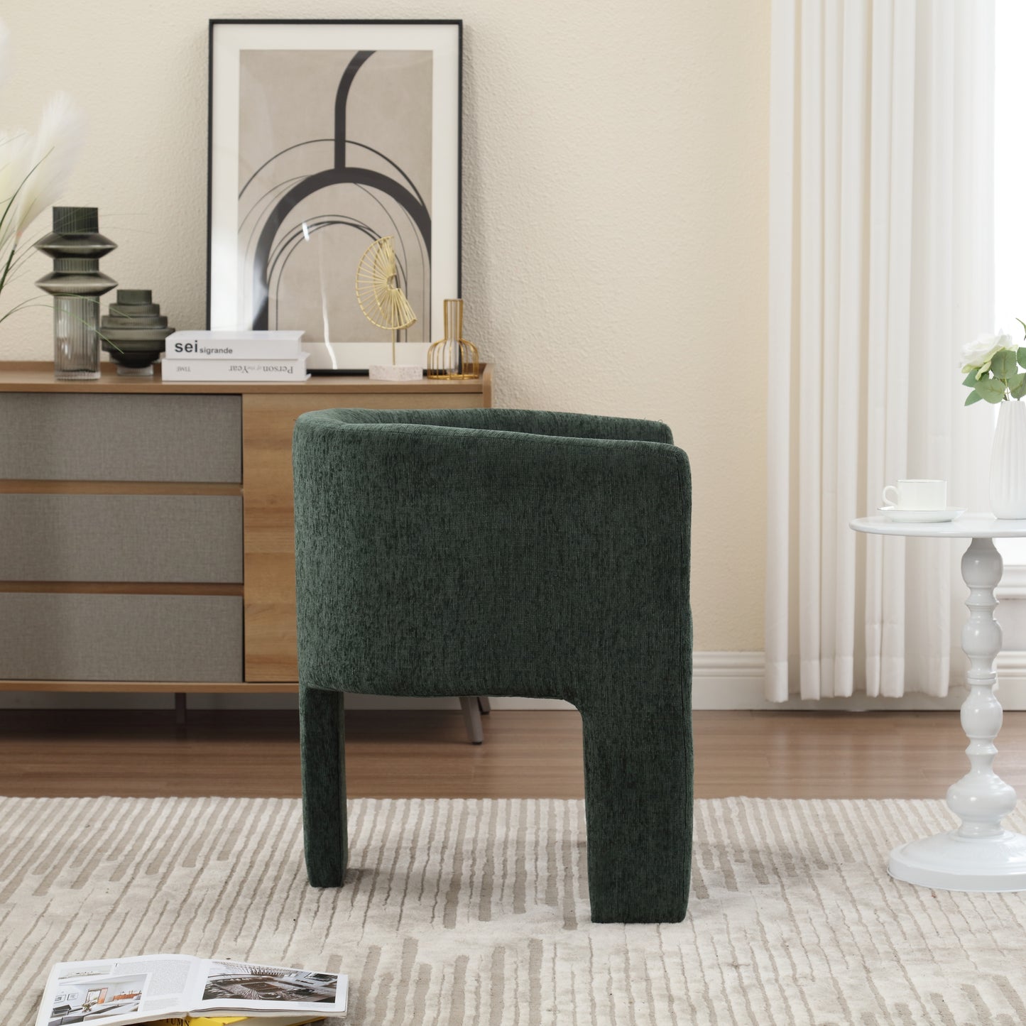 Barrel Accent Chair, Mid-Century Modern Living Room Chair, Upholstered Side Armchair with 3 Legs for Bedroom/Reading Spaces (Dark Green)