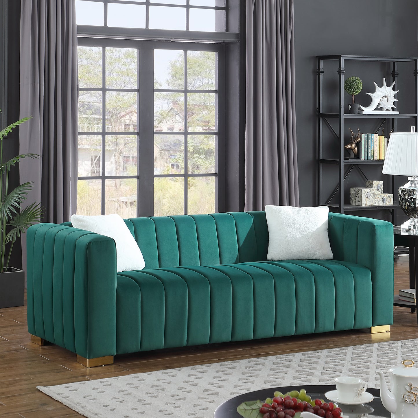 A modern channel sofa take on a traditional Chesterfield,Dark Green color,3 Seater