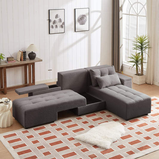 Convertible 3 in 1 Sleeper Sofa and Sectional Sofa with 4 Storage Space for Living Room,Corduroy Couch With 4 pillows,Corduroy