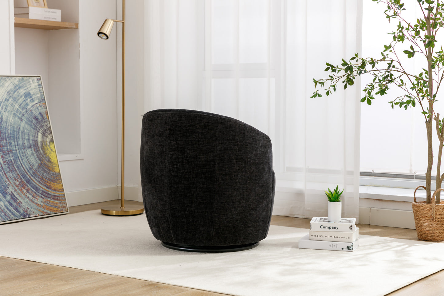 Fabric Swivel Accent Armchair Barrel Chair With Black Powder Coating Metal Ring,Black