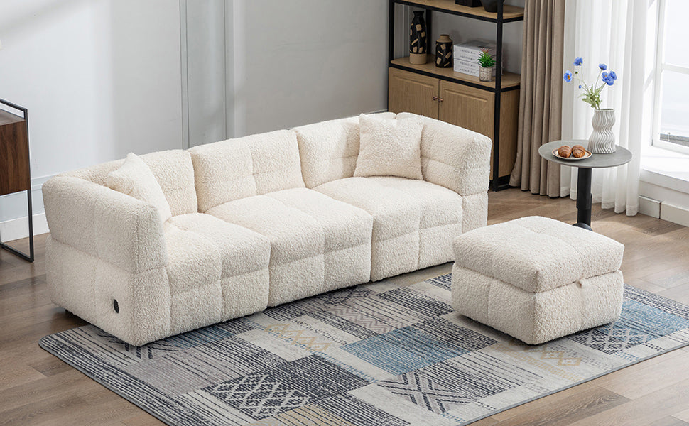 87.7" Sectional Sofa Cozy Teddy Fleece Fabric Sectional Sofa Couch with Two USB Ports a Movable Storage Ottoman and Two Lumbar Pillows for Living Room, Creamy White