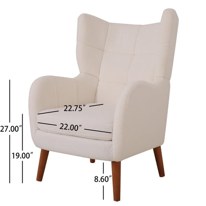 Mid-Century Accent Chair, Ivory White, Modern Retro Club Chair, Birch Frame, Upholstered Teddy Wool Fabric, Single Sofa Armchair for Small Spaces, Living Room, Bedroom, Reading Corner, Balcony,Office