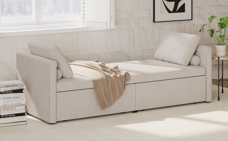 Modern Upholstered Chaise Lounger Daybed Small Single Daybed with 2 Drawers, No Mattress Needed, Perfect For Living Rooms & Home Office, Linen Fabric, Beige