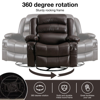 Massage Swivel Rocker Recliner Chair with Vibration Massage and Heat Ergonomic Lounge Chair for Living Room with Rocking Function and Side Pocket  2 Cup Holders USB Charge Port,BROWN