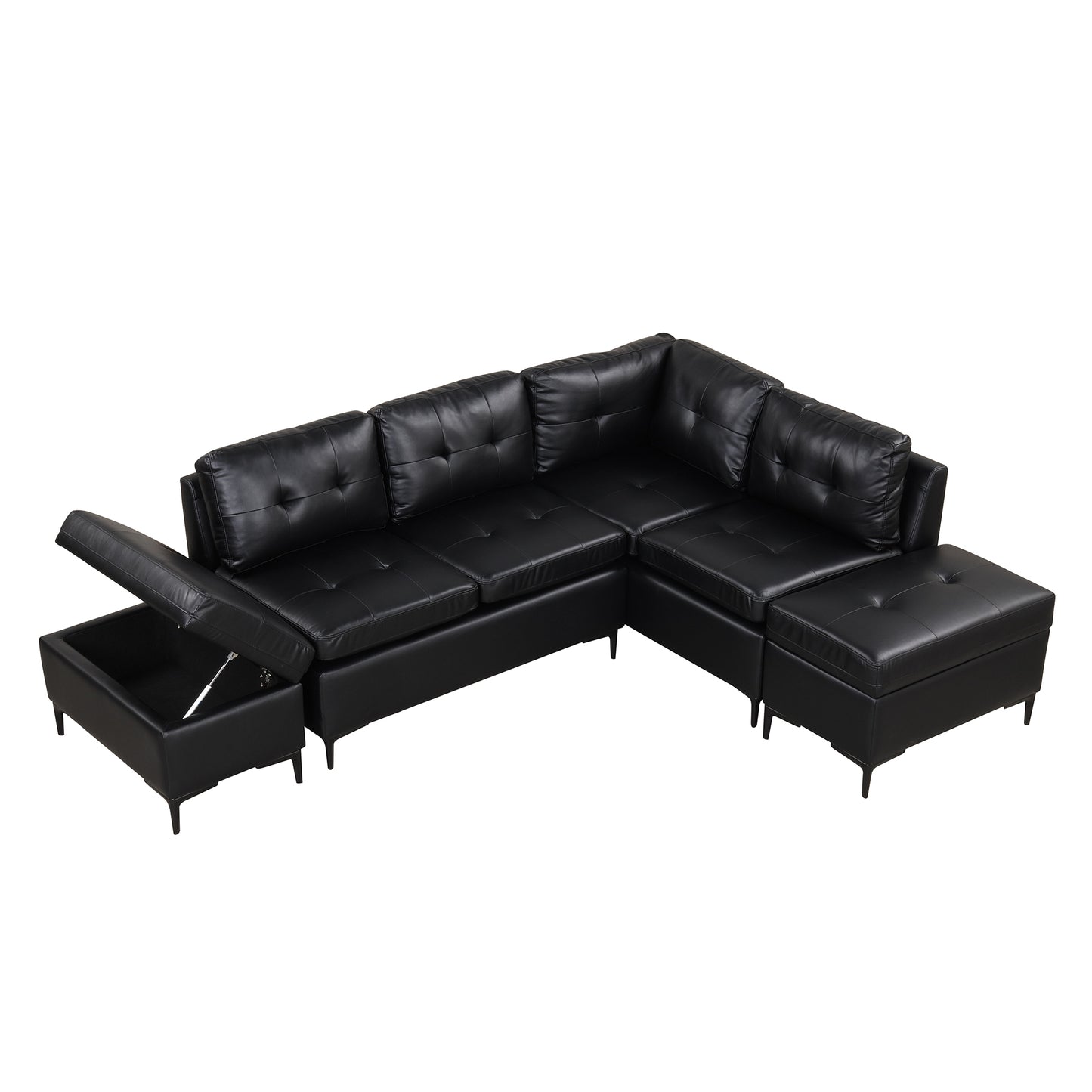 94.88" L-Shaped Corner Sofa Pu Leather Sectional Sofa Couch with Movable Storage Ottomans for Living Room, Black