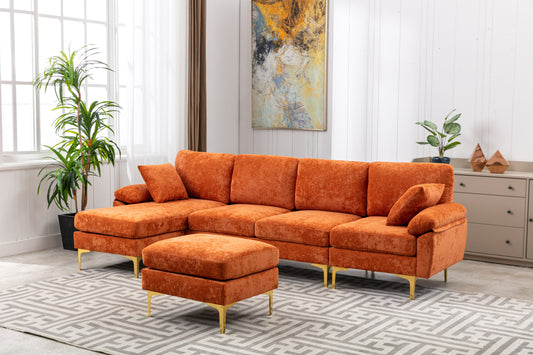 U-shape sectional sofa with Ottoman, Reversible Sofa Couch for Living Room,Spacious Furniture,Durable Couch Removable and machine washable cover (Orange Velvet)