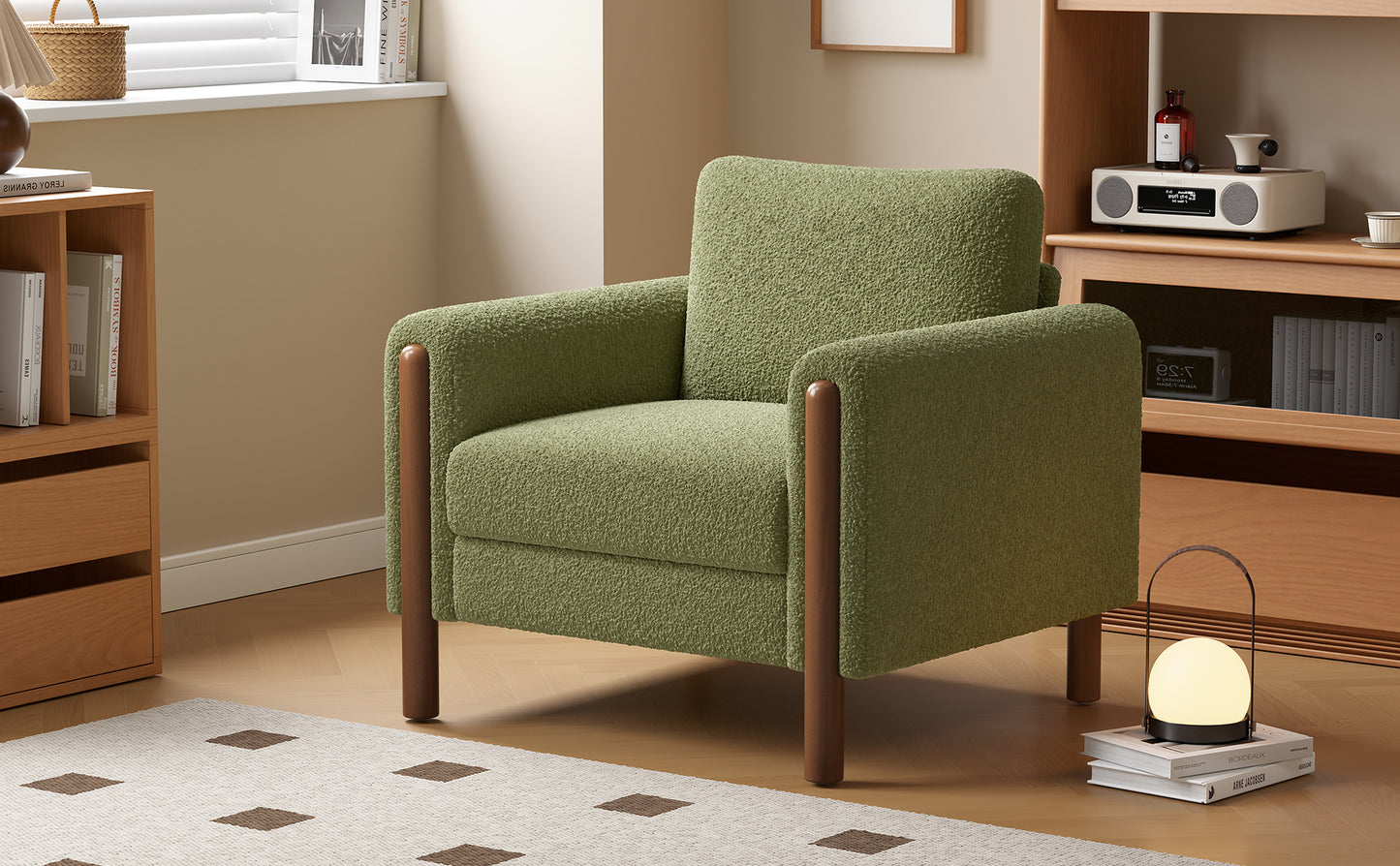 Oversized Accent Chair, Upholstered Living Room Chairs Single Sofa Chair with Walnut Legs, Curved handrail, Green