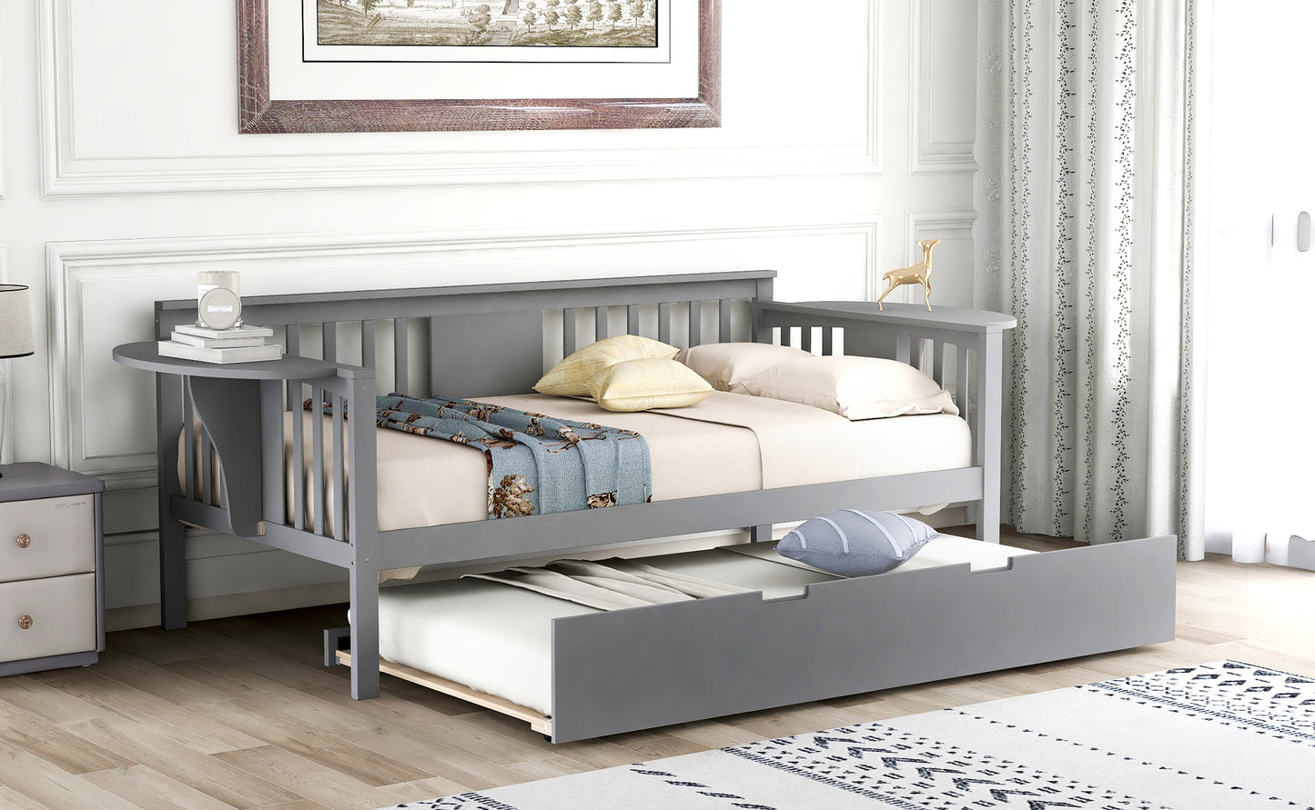 Wooden Daybed with Trundle Bed, Sofa Bed for Bedroom Living Room, Gray