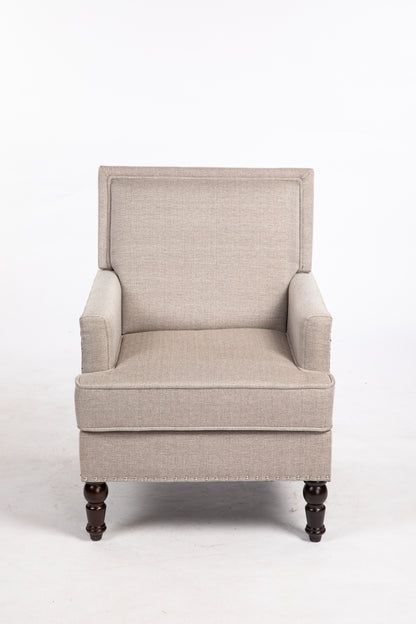 Upholstered Accent Chair, Vintage Armchair with Blue and White Striped Linen Fabric and Nailhead Trim for Living Room