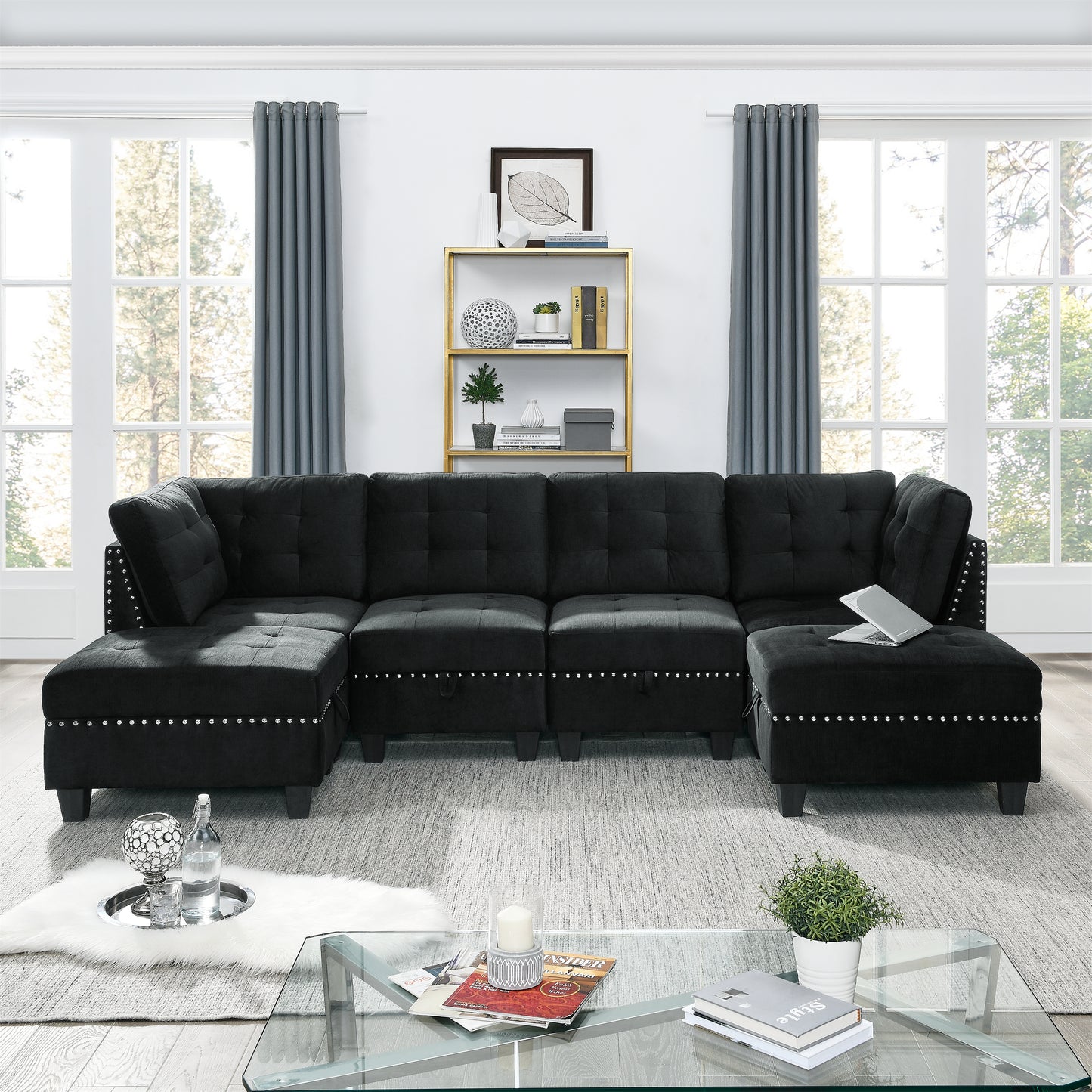 U shape Modular Sectional Sofa,DIY Combination,includes Two Single Chair,Two Corner and Two Ottoman,Black Velvet.