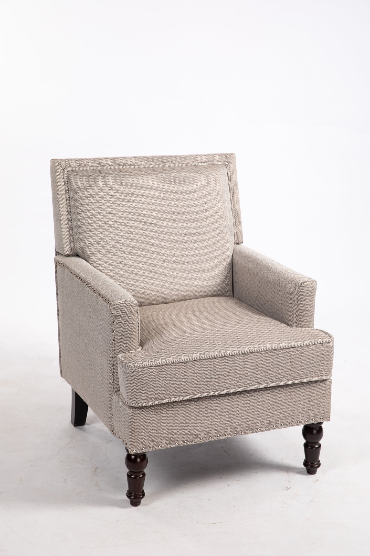 Upholstered Accent Chair, Vintage Armchair with Blue and White Striped Linen Fabric and Nailhead Trim for Living Room