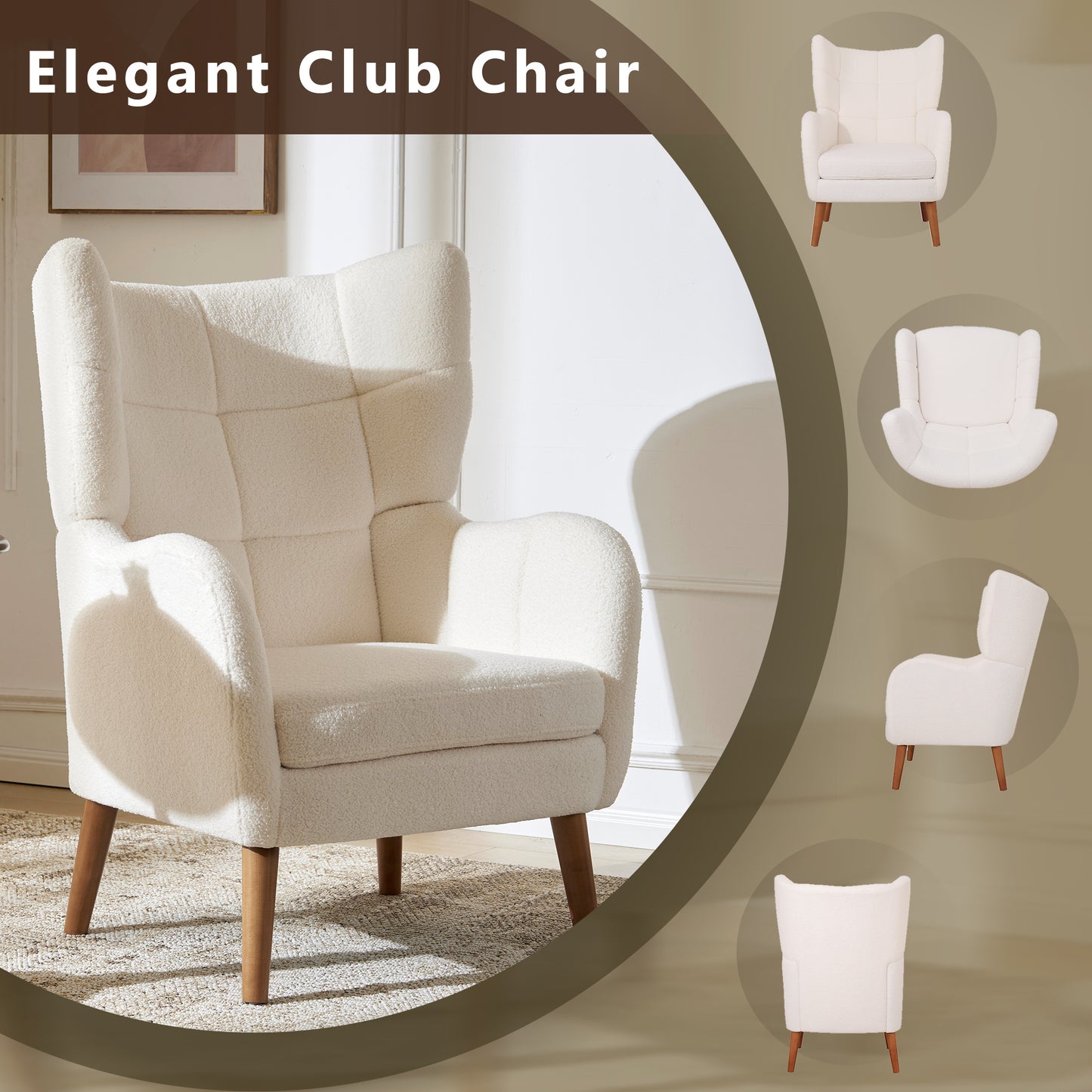 Mid-Century Accent Chair, Ivory White, Modern Retro Club Chair, Birch Frame, Upholstered Teddy Wool Fabric, Single Sofa Armchair for Small Spaces, Living Room, Bedroom, Reading Corner, Balcony,Office