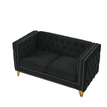 Velvet Sofa for Living Room,Buttons Tufted Square Arm Couch, Modern Couch Upholstered Button and Metal Legs, Sofa Couch for Bedroom, Black Velvet-2S