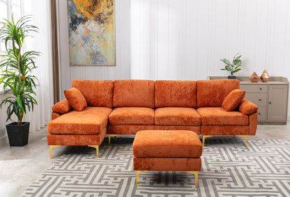 U-shape sectional sofa with Ottoman, Reversible Sofa Couch for Living Room,Spacious Furniture,Durable Couch Removable and machine washable cover (Orange Velvet)