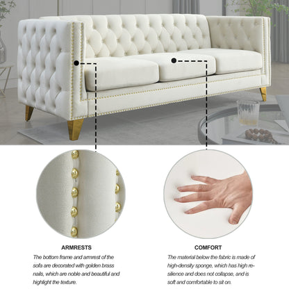 Velvet Sofa for Living Room,Buttons Tufted Square Arm Couch, Modern Couch Upholstered Button and Metal Legs, Sofa Couch for Bedroom, Beige Velvet,2PCS