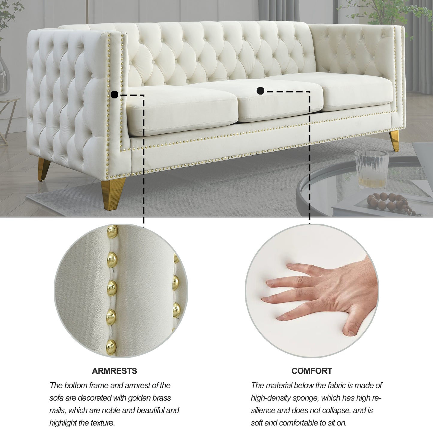 Velvet Sofa for Living Room,Buttons Tufted Square Arm Couch, Modern Couch Upholstered Button and Metal Legs, Sofa Couch for Bedroom, Beige Velvet(W834S00023)