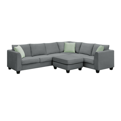 112*87" Sectional Sofa Couches Living Room Sets, 7 Seats Modular Sectional Sofa with Ottoman, L Shape Fabric Sofa Corner Couch Set with 3 Pillows, Grey