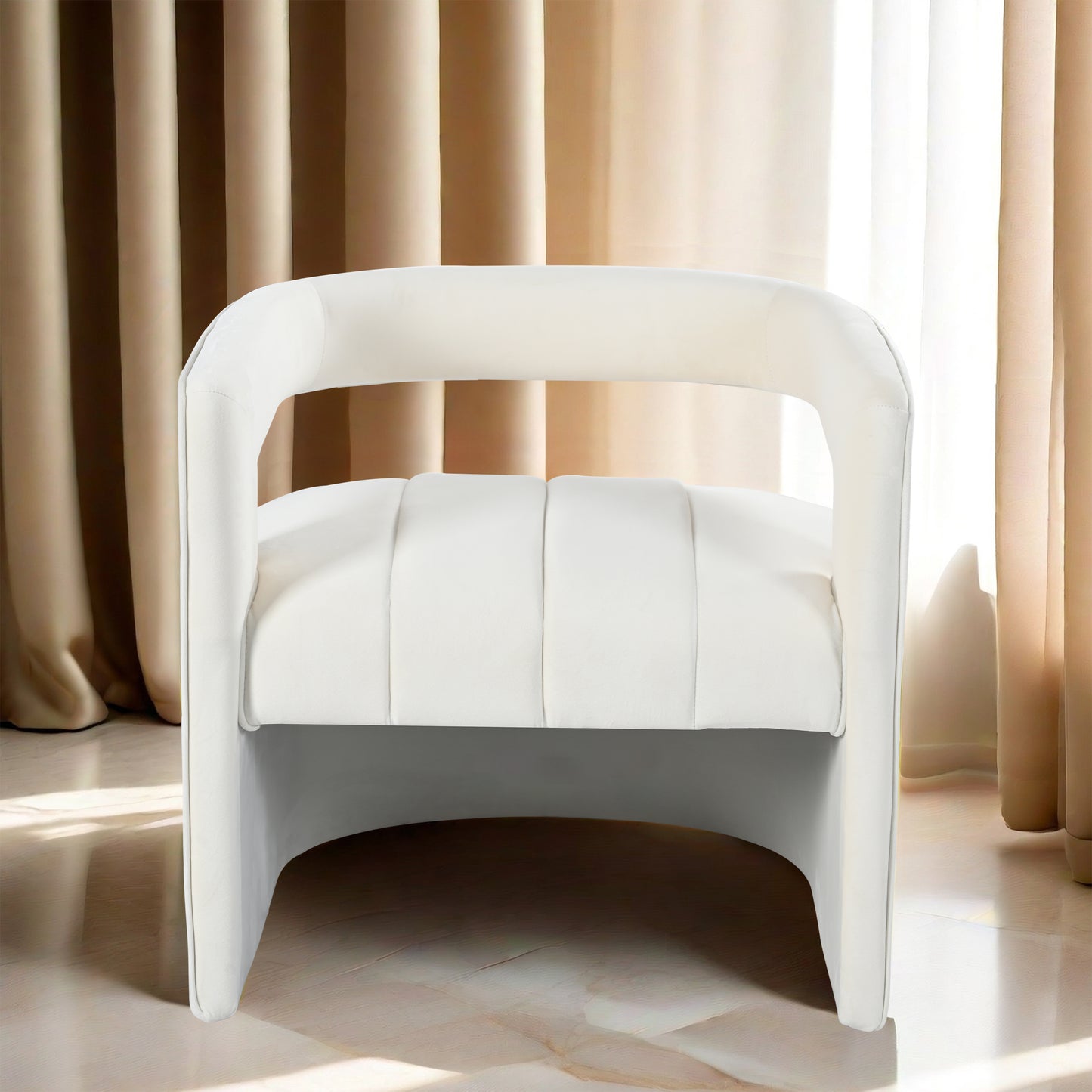 Modern Velvet Accent Chair with Ribbed Detail, Luxury Curved Fully Upholstered Accent Chair, Ivory White (No Assembly Needed)