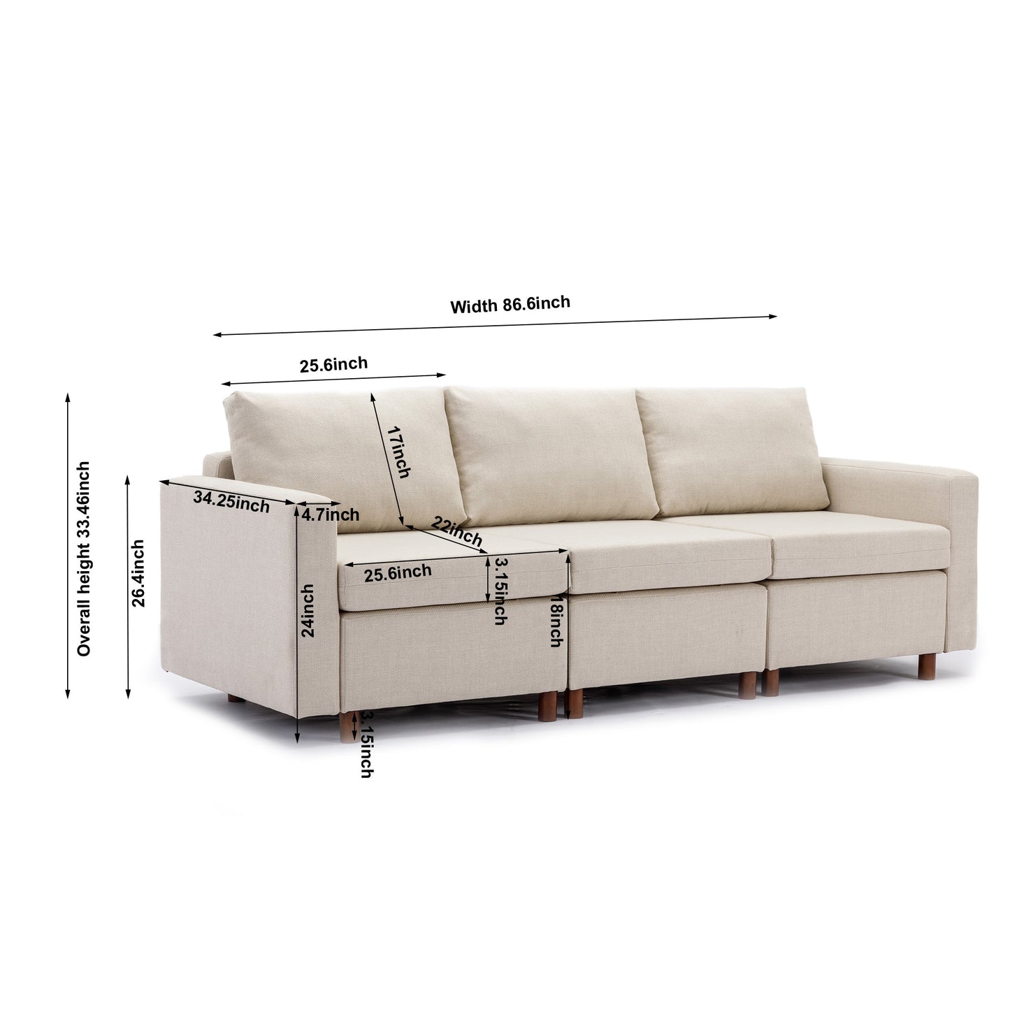 3 Seat Module Sectional Sofa Couch With 1 Ottoman for living room,Seat Cushion and Back Cushion Non-Removable and Non-Washable,Cream