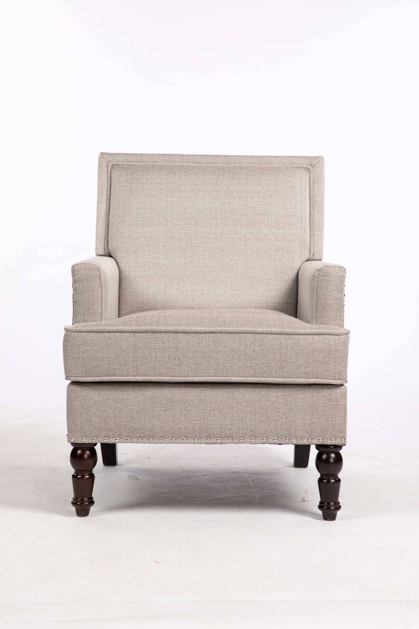 Upholstered Accent Chair, Vintage Armchair with Blue and White Striped Linen Fabric and Nailhead Trim for Living Room