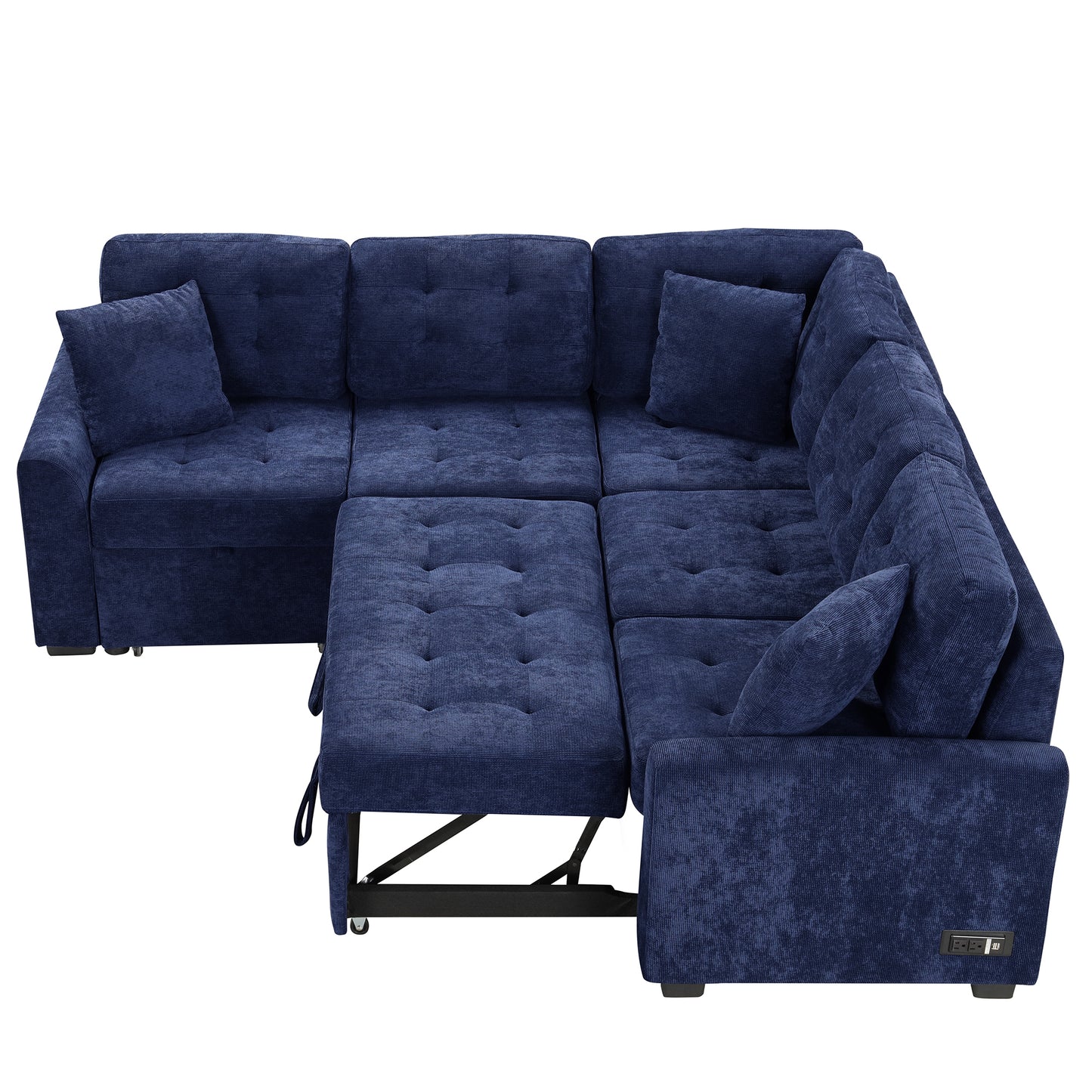 82.6" L-shape Sofa Bed Pull-out Sleeper Sofa with Wheels, USB Ports, Power Sockets for Living Room, Navy Blue