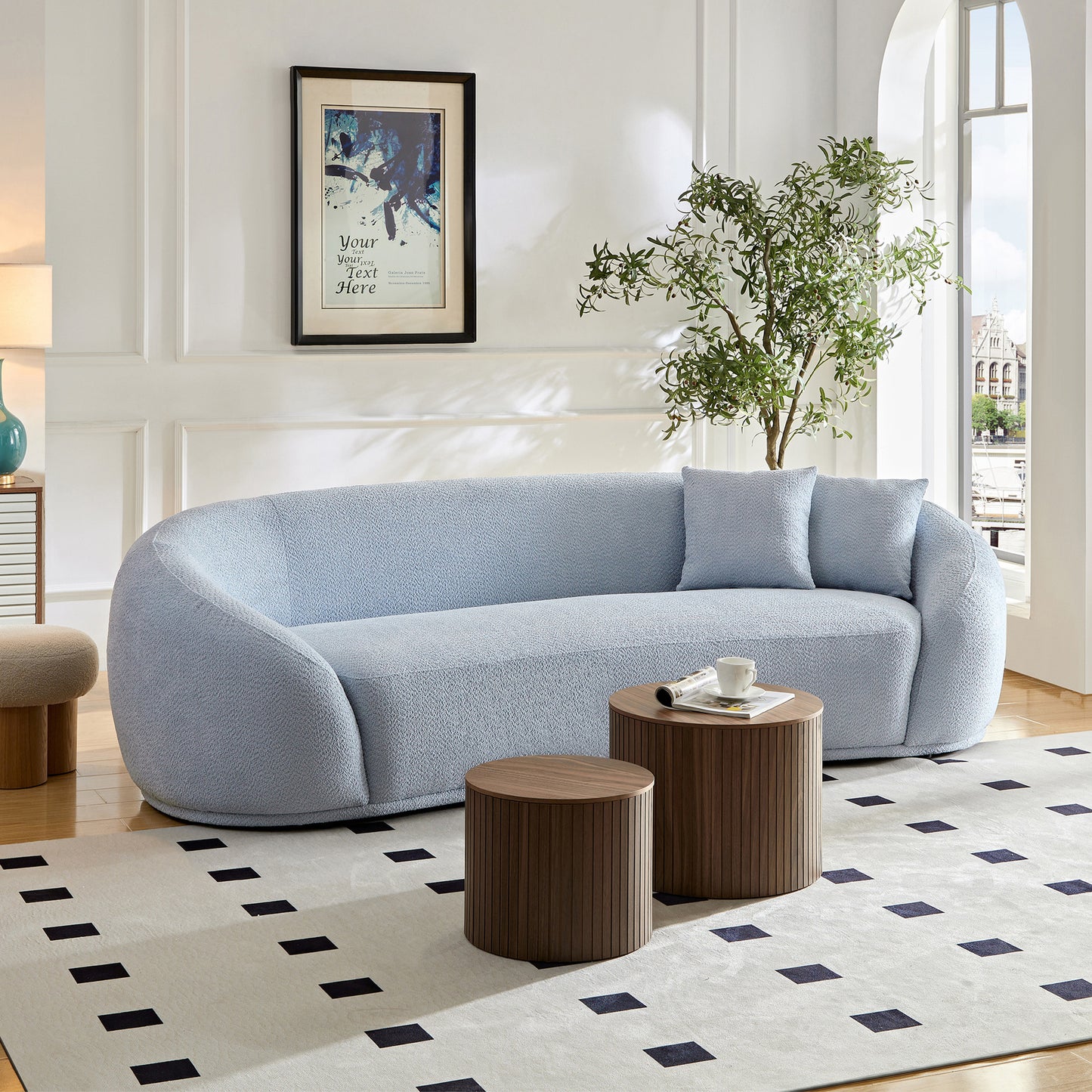 3 Seater Sofa Modern combination Half Moon casual teddy wool sofa Curved sofa, blue sky