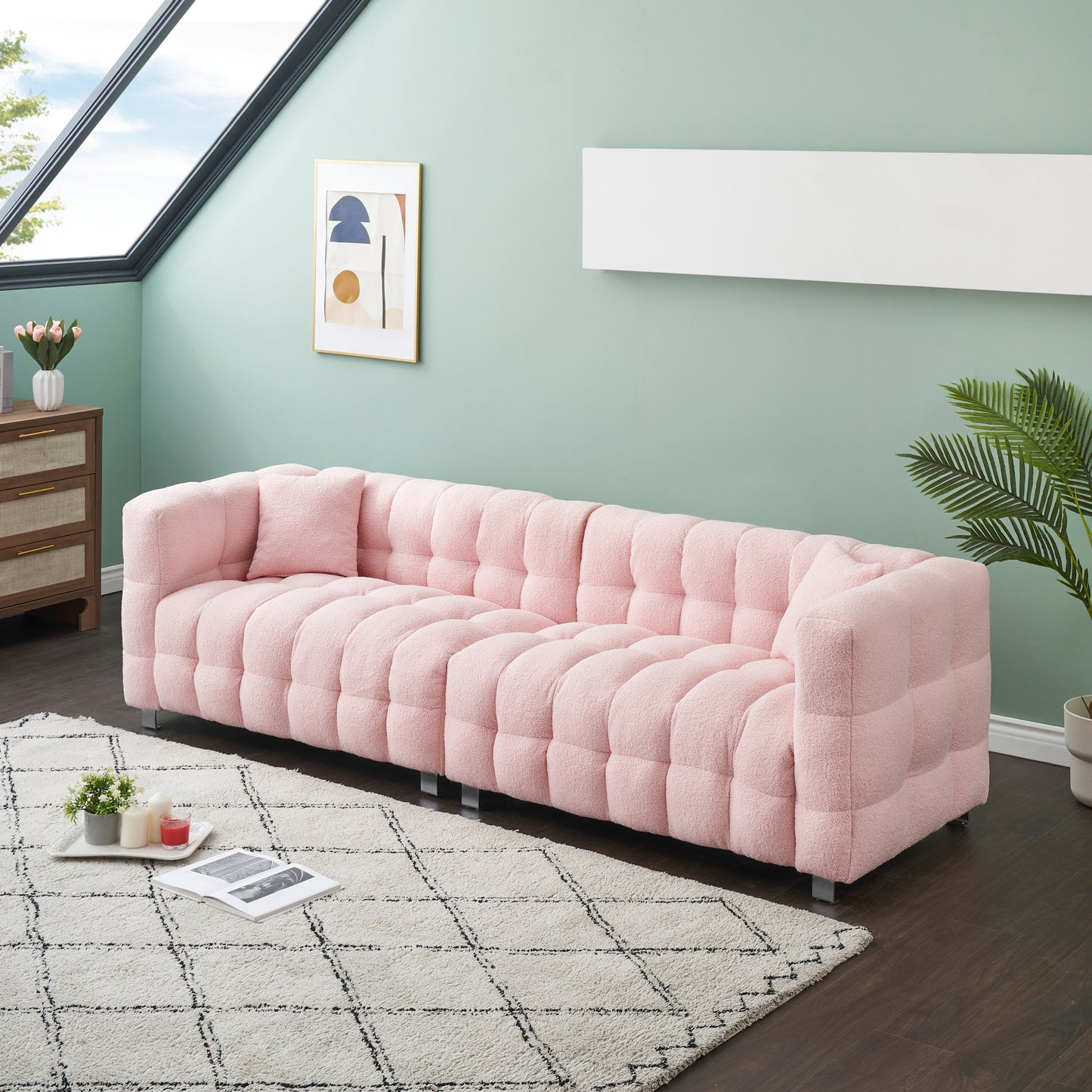 102-inch pink teddy fleece sofa with two throw pillows in living room Bedroom apartment sofa supported by hardware feet