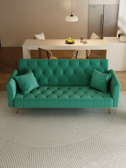 71 inch convertible love seat sofa, American retro green velvet, suitable for small living room, bedroom, office