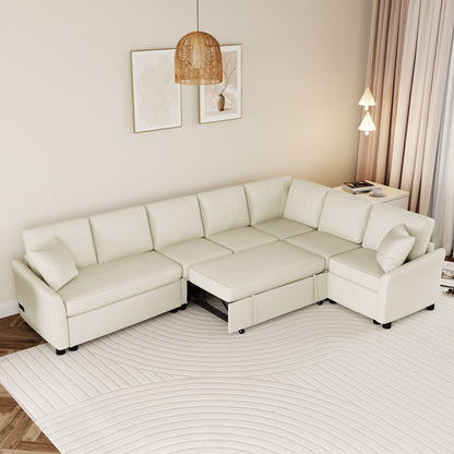 124.8"L-shaped Sofa Convertible Sofa Bed Pull Out Sofa Sleeper with Two Back Pillows, Two USB Ports and Two Power Sockets for Living Room, Beige